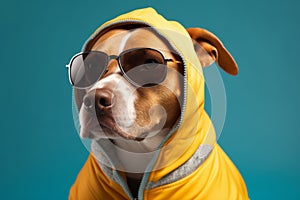 Cool and funny dog in a yellow hoodie with sunglasses isolated on a blue background. Ai generated