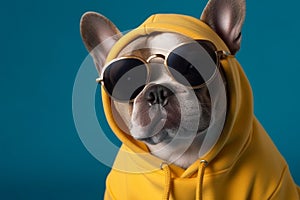 Cool and funny dog in a yellow hoodie with sunglasses isolated on a blue background. Ai generated