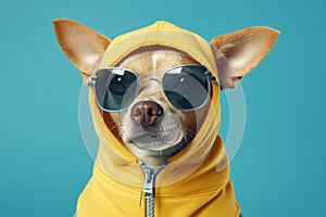 Cool and funny dog in a yellow hoodie with sunglasses isolated on a blue background. Ai generated