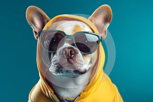 Cool and funny dog in a yellow hoodie with sunglasses isolated on a blue background. Ai generated