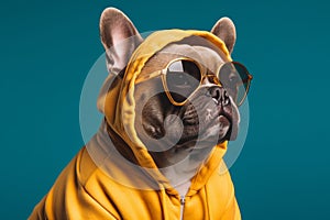 Cool and funny dog in a yellow hoodie with sunglasses isolated on a blue background. Ai generated