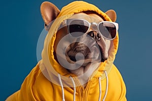 Cool and funny dog in a yellow hoodie with sunglasses isolated on a blue background. Ai generated