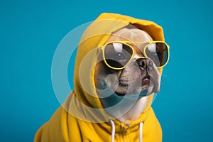 Cool and funny dog in a yellow hoodie with sunglasses isolated on a blue background. Ai generated