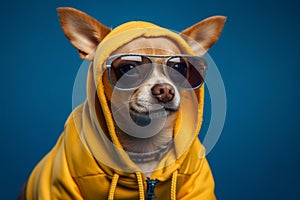 Cool and funny dog in a yellow hoodie with sunglasses isolated on a blue background. Ai generated