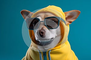 Cool and funny dog in a yellow hoodie with sunglasses isolated on a blue background. Ai generated