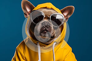 Cool and funny dog in a yellow hoodie with sunglasses isolated on a blue background. Ai generated