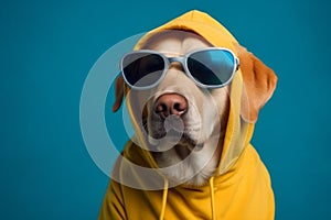 Cool and funny dog in a yellow hoodie with sunglasses isolated on a blue background. Ai generated