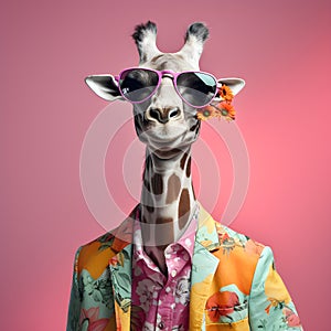 The Cool giraffe wearing suit clothes and glasses, Fashionable animals. Generative Ai.