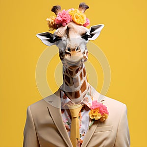 The Cool giraffe wearing suit clothes and glasses, Fashionable animals. Generative Ai.