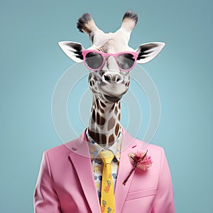 The Cool giraffe wearing suit clothes and glasses. Generative Ai.