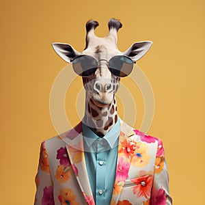 The Cool giraffe wearing suit clothes and glasses. Generative Ai.