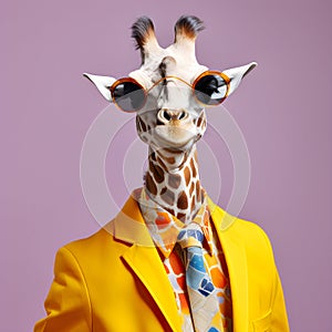The Cool giraffe wearing suit clothes and glasses. Generative Ai.