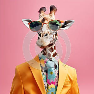 The Cool giraffe wearing suit clothes and glasses. Generative Ai.