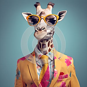 The Cool giraffe wearing suit clothes and glasses. Generative Ai.