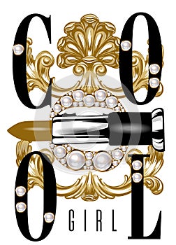 Cool girl. Vector hand drawn illustration of mouth with pearls biting pomade with  isolated. photo