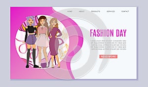 Cool girls fashion vector web template. Young girls in fashion cloths, hats, shoes, ladies bag. Trendy fashionable