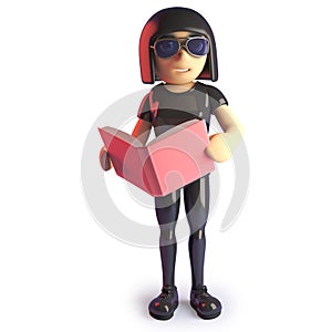 Cool goth girl reading a book for her studies, 3d illustration