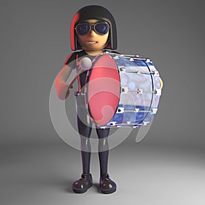 Cool goth girl unwinding by playing a bass drum very gently, 3d illustration