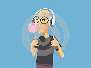 Cool Grandpa Chewing Bubble Gum Listening to Music