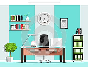 Cool graphic office room interior design with furniture: chair, table, bookcase, shelves, lamp. Flat style.