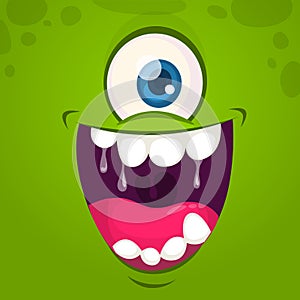 Cool green monster face with one eye. Cartoon vector illustration. Big set of monster faces