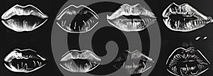 Cool grungy y2k lips set negative photocopy effect isolated on black. Ai generative.