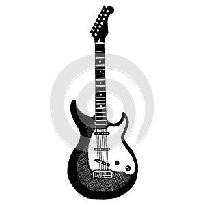 Cool guitar. Rock emblem for music festival. Heavy metall concert. T-shirt print, poster. Musical instrument. Badge