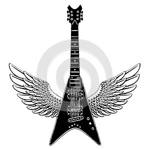 Cool guitar. Rock emblem for music festival. Heavy metall concert. T-shirt print, poster. Musical instrument. Badge