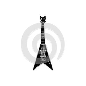 Cool guitar. Rock emblem for music festival. Heavy metall concert. T-shirt print, poster. Musical instrument. Badge