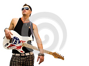 Cool guitarist isolated on white