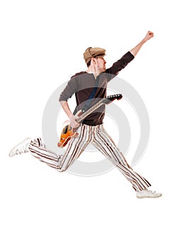 Cool guitarist jumping on white background