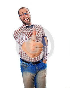 Cool guy nerd with a book under his arm showing gesture - Class