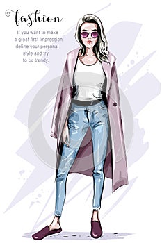 Cool hand drawn fashion woman in coat. Stylish beautiful woman in sunglasses.