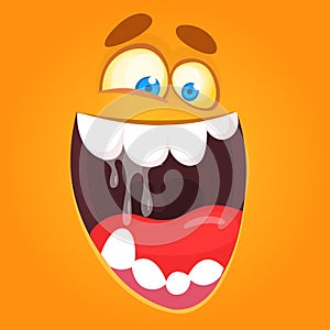 Cool happy cartoon monster face. Vector Halloween orange monster with wide mouth smiling full of saliva