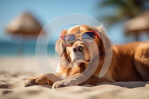 Cool happy funny dog golden retriever with sunglasses relaxing on the sandy beach