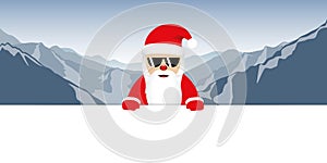 Cool happy santa claus with glasses on mountain background