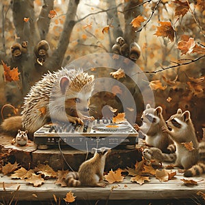 A cool hedgehog DJs a lively party in the forest, AI generated