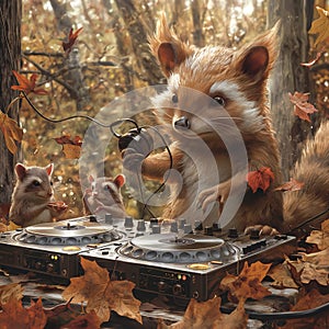 A cool hedgehog DJs a lively party in the forest, AI generated