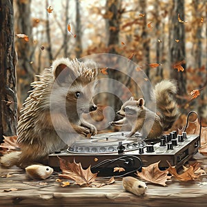 A cool hedgehog DJs a lively party in the forest, AI generated