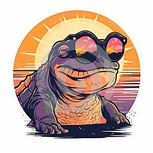 Cool Hellbender Wearing Sunglasses In Front Of A Sunset