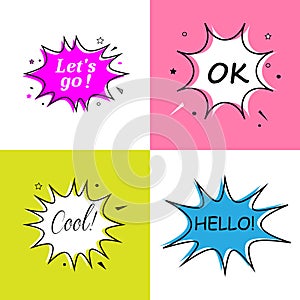 Cool Hello Ok Lets go, Speech bubbles with dialog words Vector bubbles speech illustration Thinking and speaking clouds