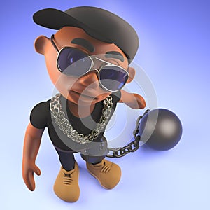 Cool hip hop rapper dude held back by a ball and chain, 3d illustration