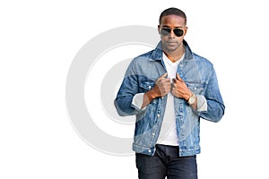 Cool hip modern and stylish, fashionable commercial male african american model, sunglasses and jean jacket