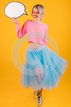 Cool hipster emotional colorful fance dress woman with speech bubble