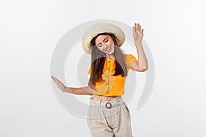 Cool hipster portrait of young stylish teen girl showing her hands up, positive mood and emotions,travel alone. Isolated