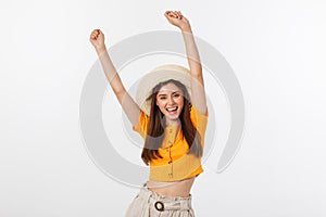 Cool hipster portrait of young stylish teen girl showing her hands up, positive mood and emotions,travel alone. Isolated