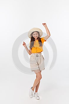 Cool hipster portrait of young stylish teen girl showing her hands up, positive mood and emotions,travel alone. Isolated