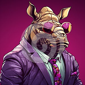Cool Hipster Rhino: Cyberpunk Realism With Grotesque Caricatures