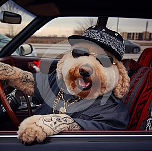 cool hispanic gangster labradoodle dog drive ride lowrider retro car anthropomorphic funny character