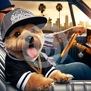 cool hispanic gangster terrier dog drive drive lowrider retro car anthropomorphic funny character